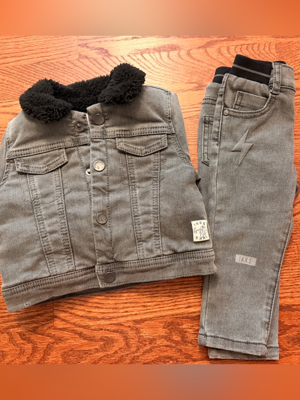 Ikks Kids Gray Denim Jacket with Black Faux Sherpa Collar